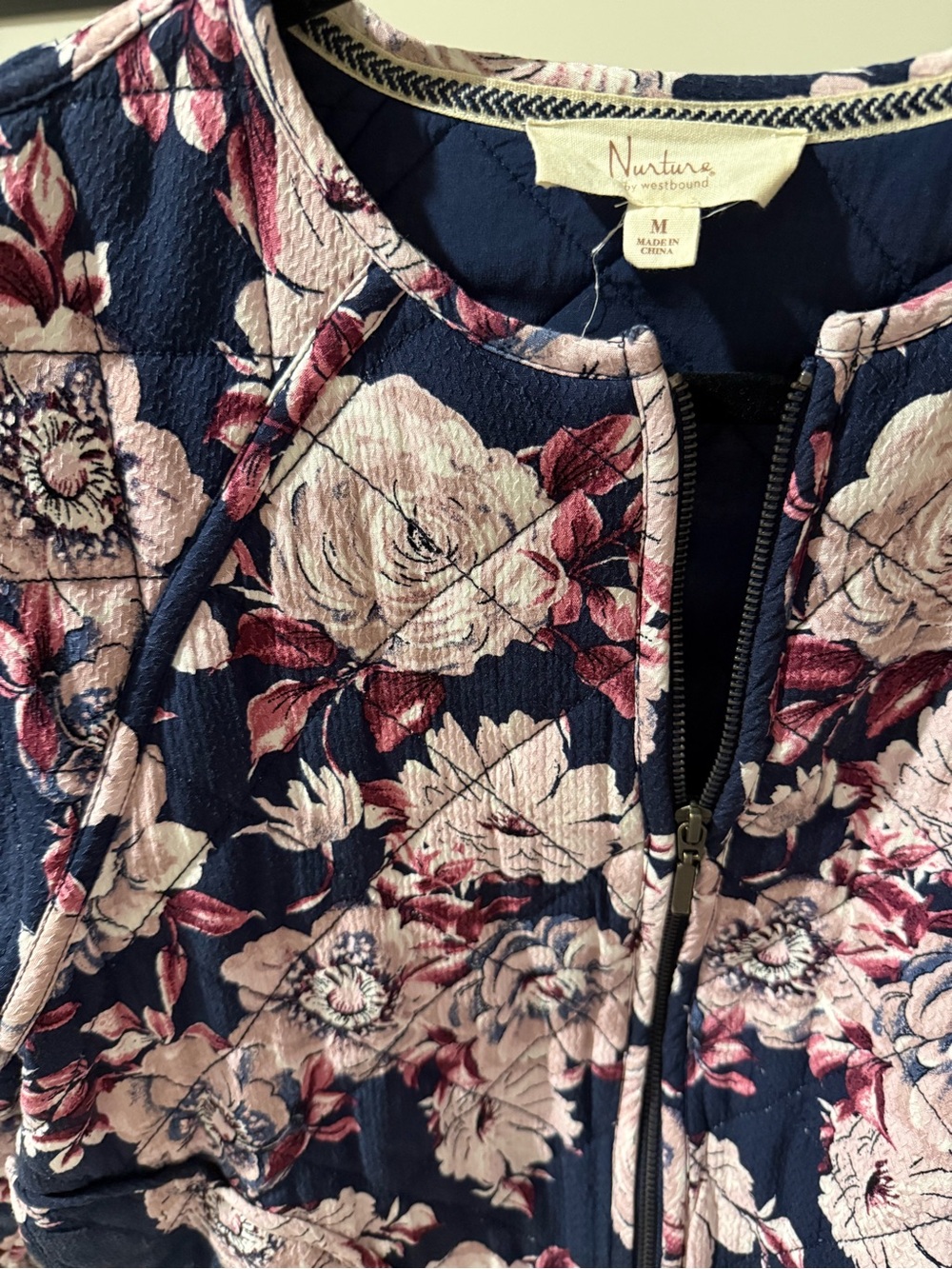 Navy Quilted Floral Bomber Jacket - Pink Floral